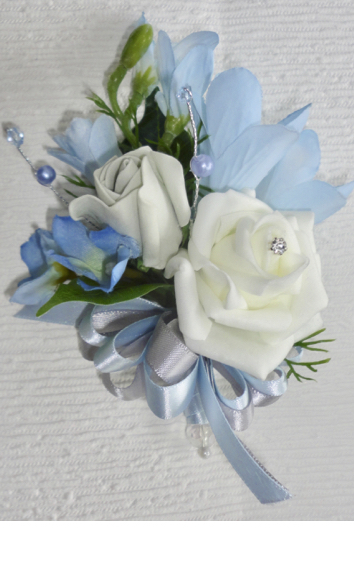 pale blue and ivory mother of the bride corsage
